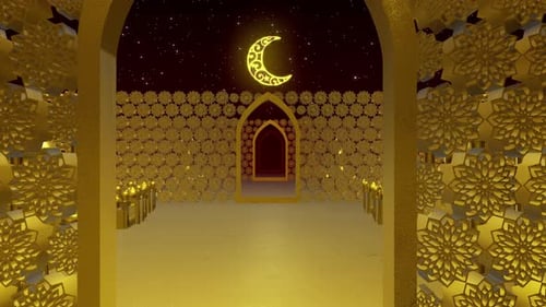 Golden Islamic Archway with Crescent Moon Background Loop