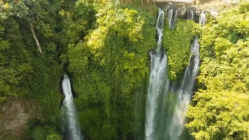 Aerial View of Tropical Waterfall in Lush Jungle