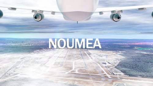 Avião comercial sobre nuvens chegando à cidade de Noumea
