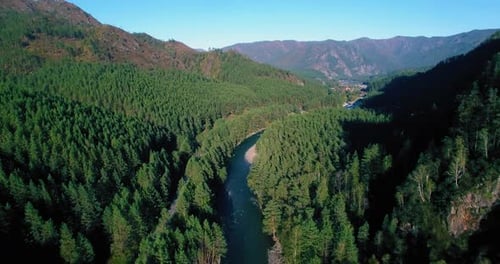 Low Altitude Flight Over Fresh Fast Mountain River with Rocks at Sunny Summer Morning