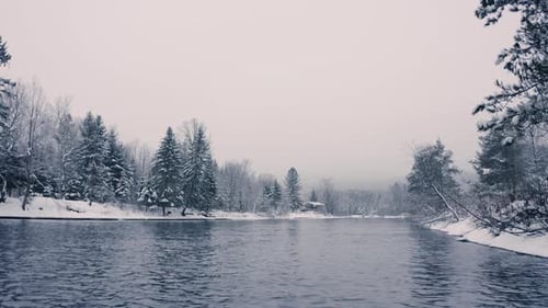 Foggy Winter Landscape - Drone Flying 4K - Mountains - Trees, rivers, snowy