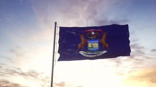 Michigan State Flag Waving at Golden Hour