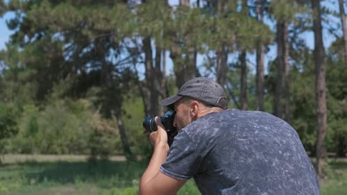 Adult Using Camera on Tripod in Green Park