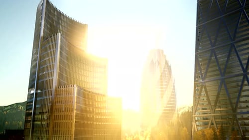 Rascacielos de la ciudad con estilos de lentes al atardecer