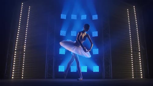 Elegant Ballerina Dancing Gracefully Under Blue Lights