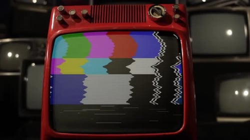 Red Retro Television with Static and Color Bars