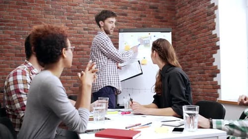 Slow Motion Interracial Team of Coworkers Brainstorming in Office