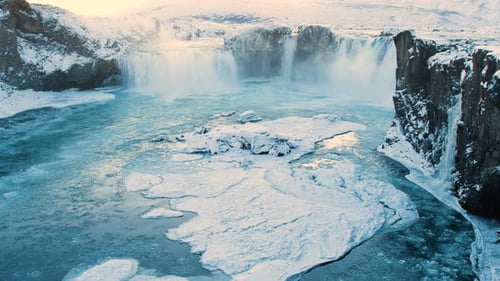 Godafoss Famous Waterfall in Iceland Frozen Waterfall in Winter a Magical Winter Location of Snow
