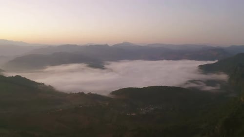 Aerial top view of forest trees and green mountain hills with sea fog, mist and clouds. Nature