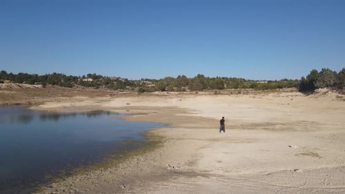 Pond Drought Walking Man Drone View