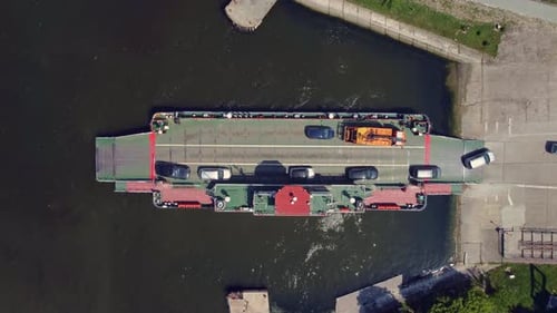 Aerial View of Ferry Boat Transport Cars in the River