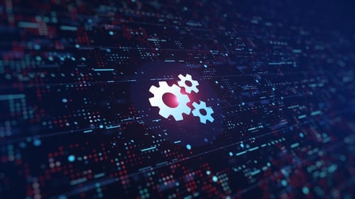 Futuristic Digital Gears Icon on Technology Grid Background