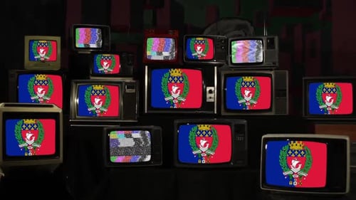 Vintage TVs Flicker with Static and Flag