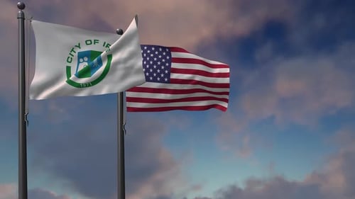 Irvine City Flagge weht zusammen mit der Nationalflagge der USA - 4K