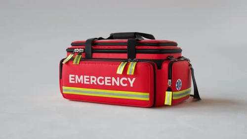 Die rote Erste-Hilfe-Tasche im Studiolicht. Nahaufnahme eines Sanitäters Kit4KHD