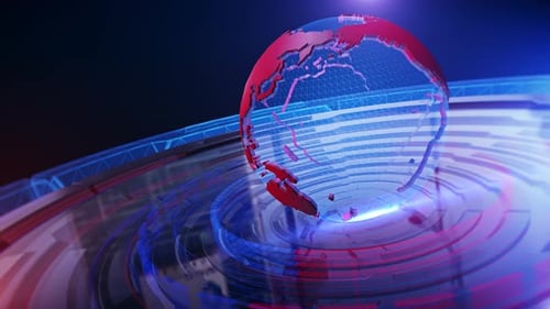 Futuristic Rotating Red Globe with Digital Rings News Background