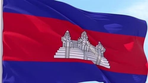 Cambodia National Flag Waving Against Blue Sky