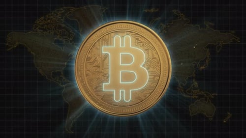 Glowing Bitcoin Rotates Over World Map on Background
