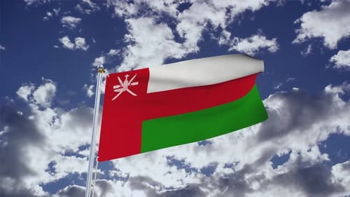 Oman Flag Waving With Clouds In Blue Sky Background