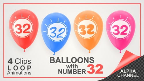 Floating Number 32 Balloons Animation with Alpha Channel