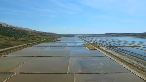 Flying above salt evaporation ponds on Pag island, Croatia