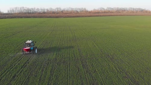 Tractor Spreading Artificial Fertilizers in Green Field. Farmer Fertilizing Arable Land with