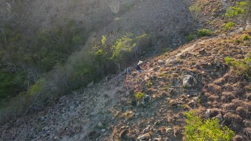 Hikers Climbing Rocky Hillside on Sunny Day