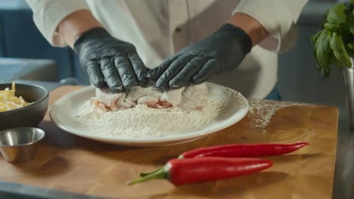Chef Coats Meat with Flour in Kitchen