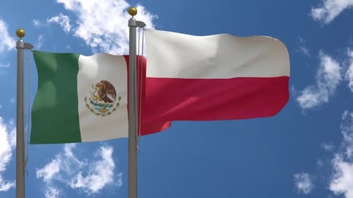 Mexican and Polish National Flags Waving on Clear Blue Sky