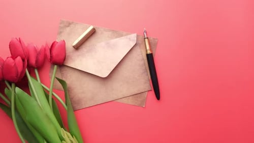 Red Tulips with Envelope and Fountain Pen