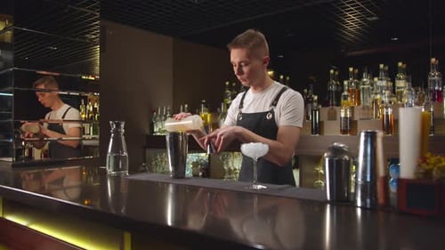 Bartender Pours Alcohol in Cocktail Shaker and Mix It with Ice at the Bar