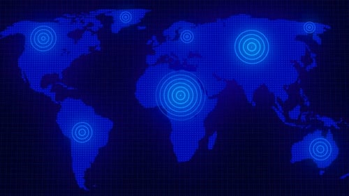 Digital World Map with Expanding Signal Waves Animation