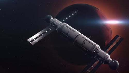 Un vaisseau spatial se déplace dans l'espace à la rencontre de la planète Mars.