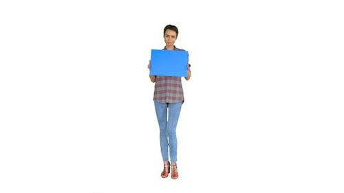 Woman Holding a Blue Sign on White Background