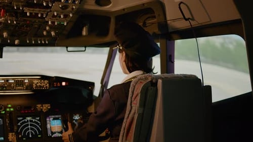 Woman Pilot in Airplane Cockpit Smiling at Camera