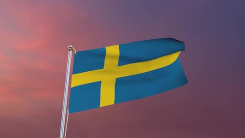 Waving Swedish Flag Animation on Sunset Background