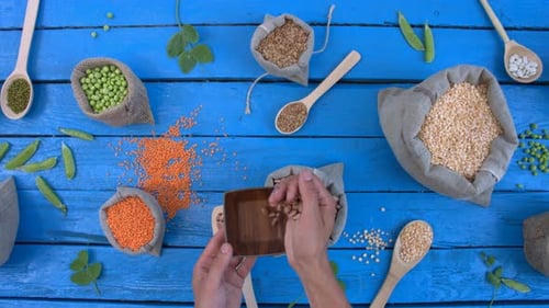 Sacks of Grains and Vegetables on a Table
