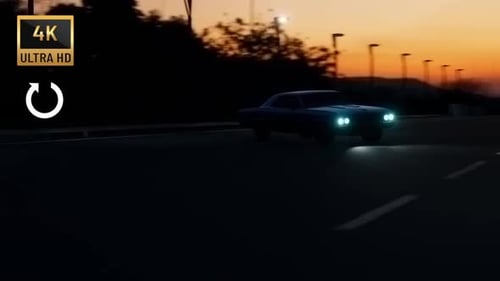 Vintage Car Driving on Highway at Dusk with Glowing Headlights