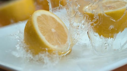 Lemon Quarters Splashing on a Plate in Slow Motion