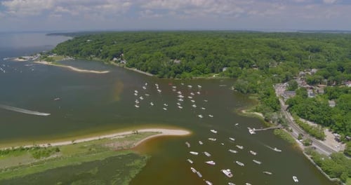 Aerial View of Boats Anchored on Cold Spring Harbor and Houses Amongst Trees