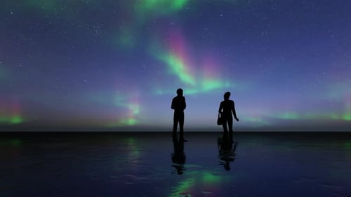 Stunning Aurora Borealis Night Sky with Reflecting Silhouettes