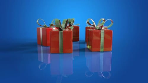Animated Spinning Red Gift Boxes on Blue Background