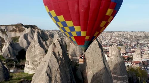 Colourful Red Blue Yellow Colours Hot Air Baloons Aerial Drone Flight. The Great Tourist Attraction