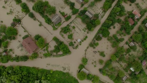 Aerial Drone View. Flooded Suburbs, Houses in the Water Depiction of Flooding Mudslide. Top View