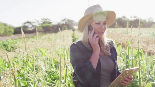 Video of happy caucasian woman using tablet and smartphone in field on sunny day