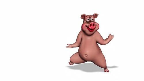 Happy Animated 3D Cartoon Pig Character Dancing on White Background