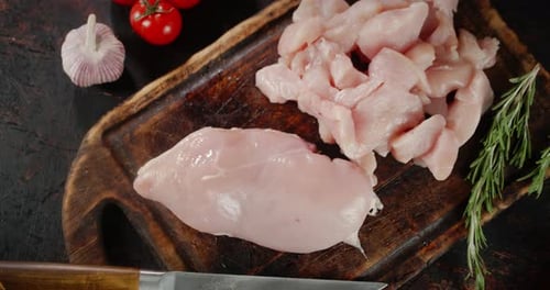 Sliced Raw Chicken Fillet Slowly Rotates