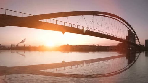 Beautiful Sunset Scenery of Bridge Road Landscape Lake Panorama View