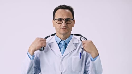 Middle Aged Doctor Puts a Stethoscope on His Neck, Folds His Arms Over His Chest