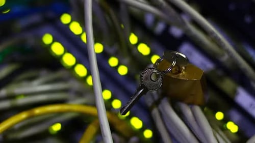 Lock and Key Securing Network Cables Close Up